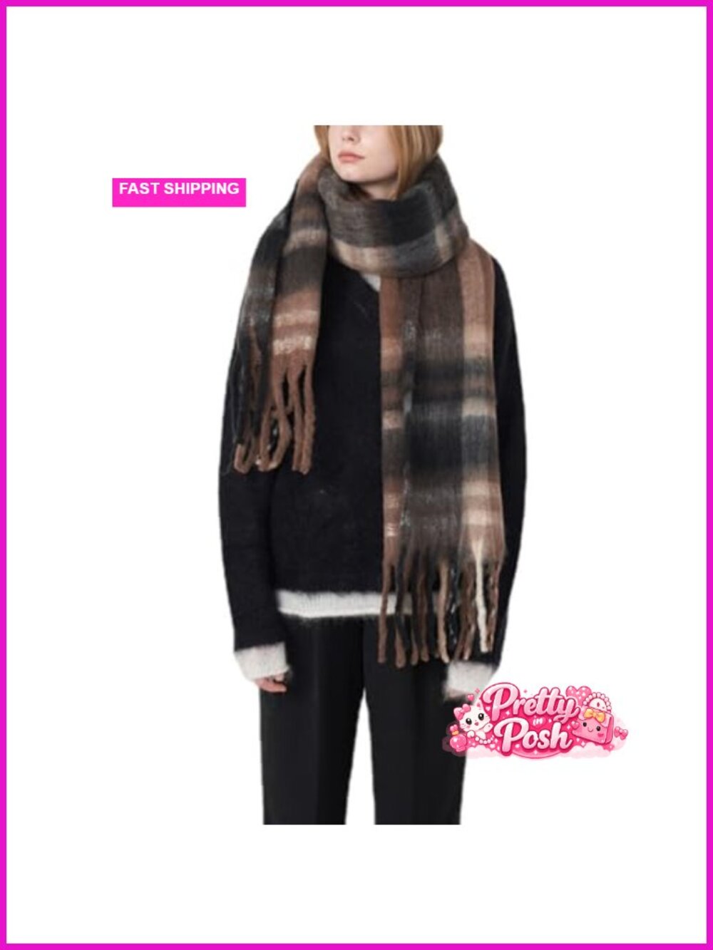 Chunky Color Block Tassel Scarf Oversized Blanket Wrap Polyester